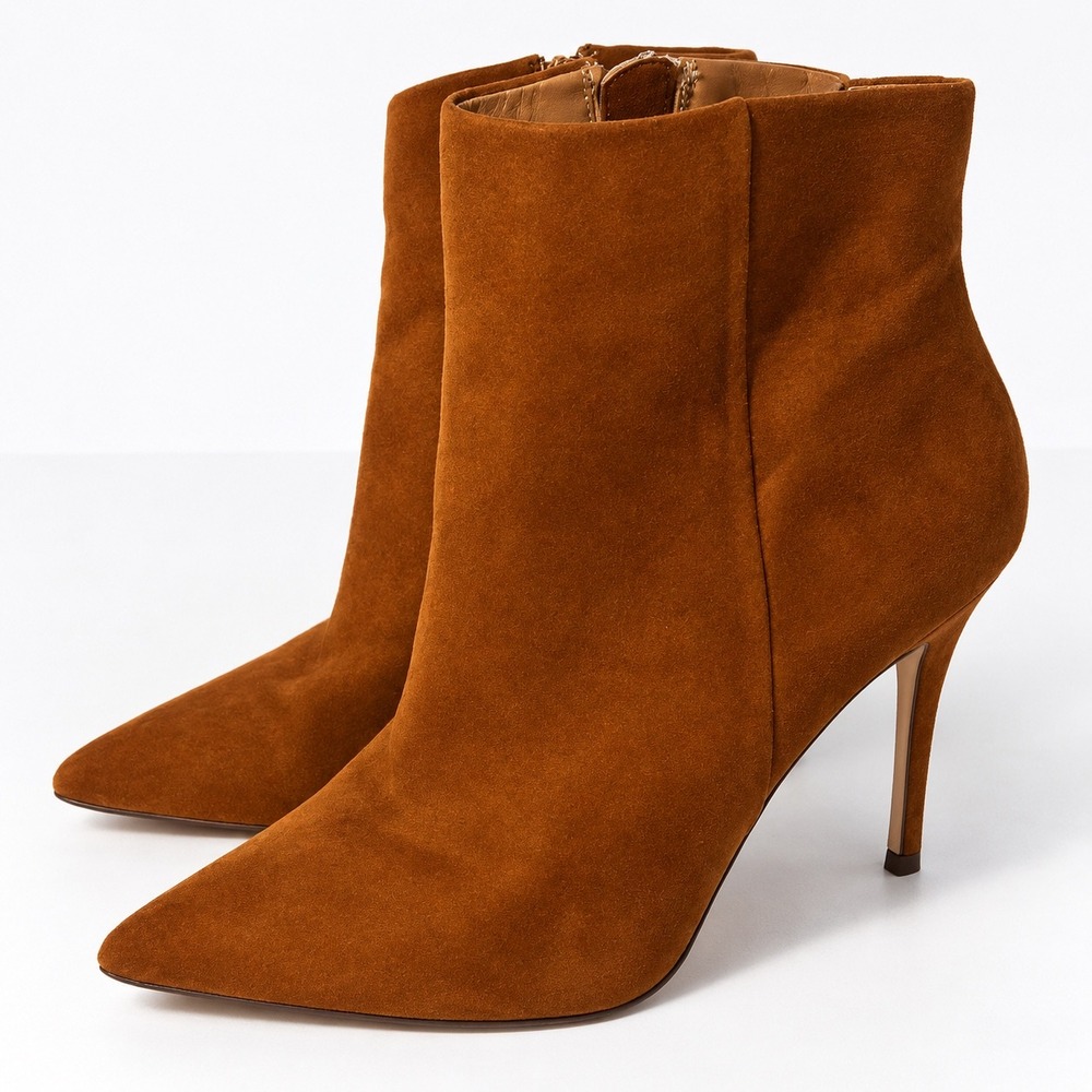 Steve Madden Dani Cognac Brown Faux Suede Pointed Toe Stiletto Ankle Boots 8.5